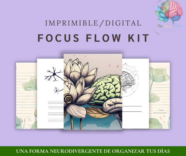 Portada del Focus Flow Kit en español, guia neurodivergente para mejorar la concentración y le bienestar femenino creada por The Lotus Cortex
