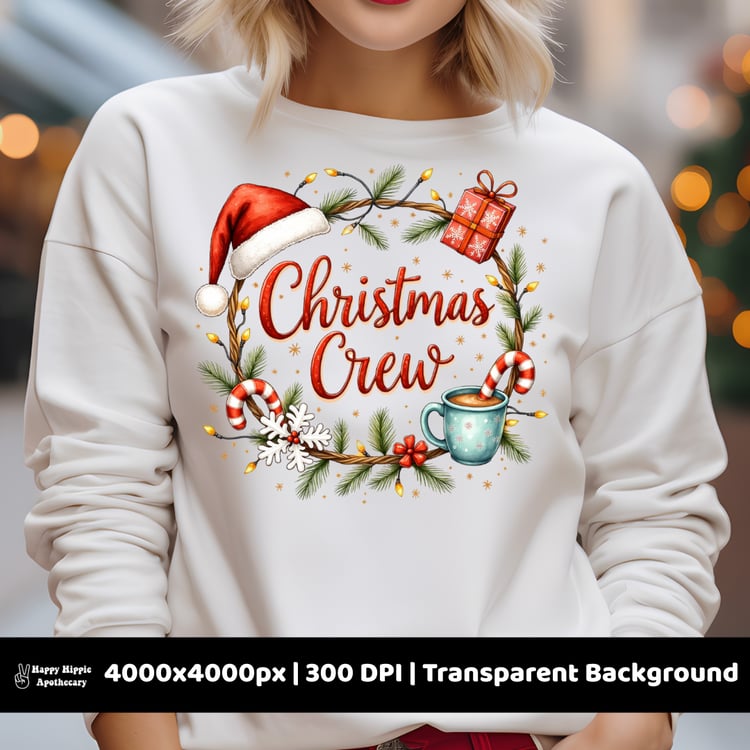Christmas Crew design on a white sweatshirt mockup, showcasing high-resolution PNG artwork for sublimation or DIY holiday apparel.