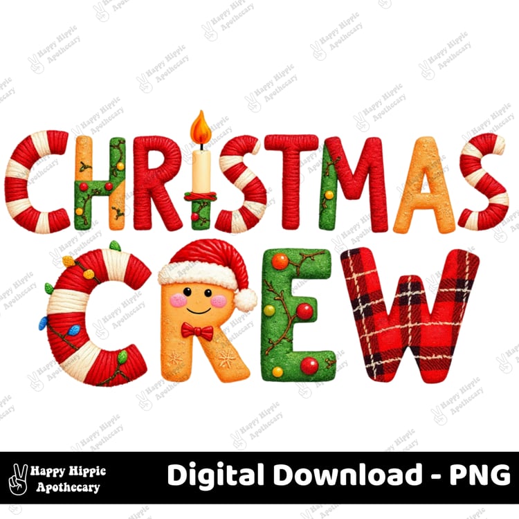 Flat lay preview of the Christmas Crew PNG design with watermark, showing bold colorful letters with Christmas textures and a smiling gingerbread character.