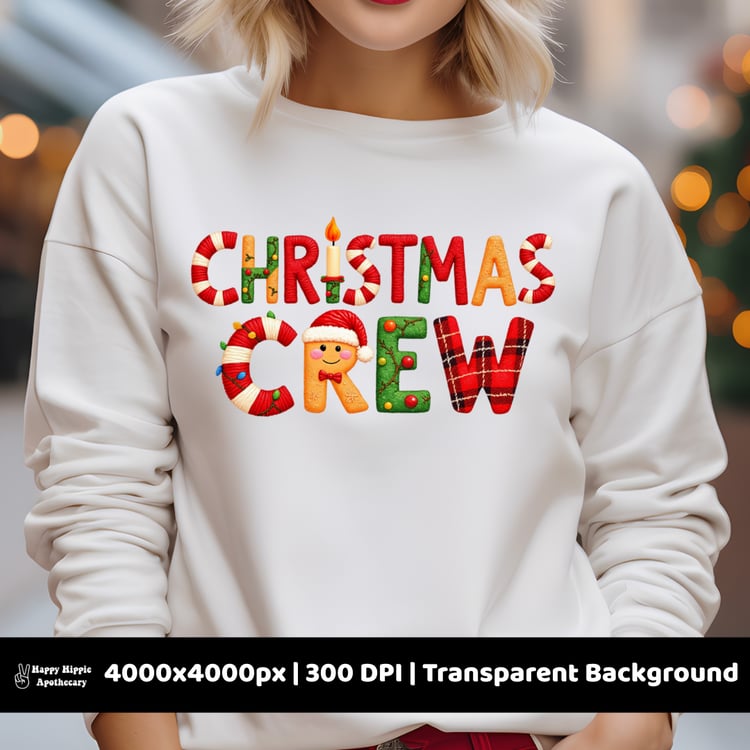 Christmas Crew PNG printed on a white sweatshirt with bold festive lettering, featuring a gingerbread face, holiday icons, and vibrant textures.