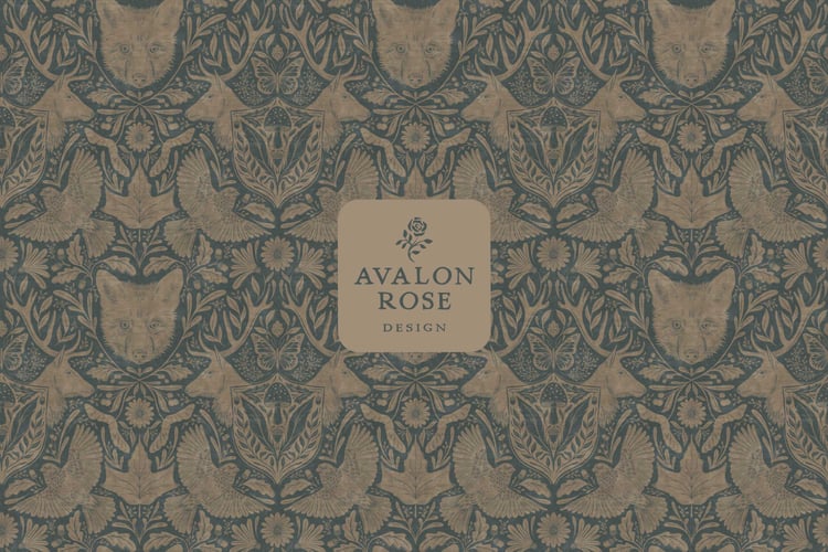 seamless surface pattern design features hand drawn deer, antlers, birds, mushrooms, butterflies, acorns and various forest flora