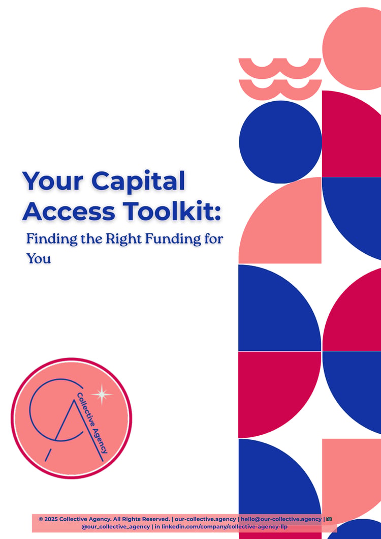 Cover of Your Capital Access Toolkit: Finding the Right Funding for You by Collective Agency. The design features abstract geometric shapes in coral, navy, and fuchsia with the Collective Agency logo. This self-guided workbook helps small and micro busine