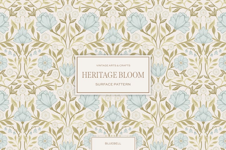Classic and elegant surface / seamless pattern inspired by vintage Arts & Crafts / Craftsman designs. Featuring hand drawn intertwining florals and leaves in a fresh pale blue and white color palette.