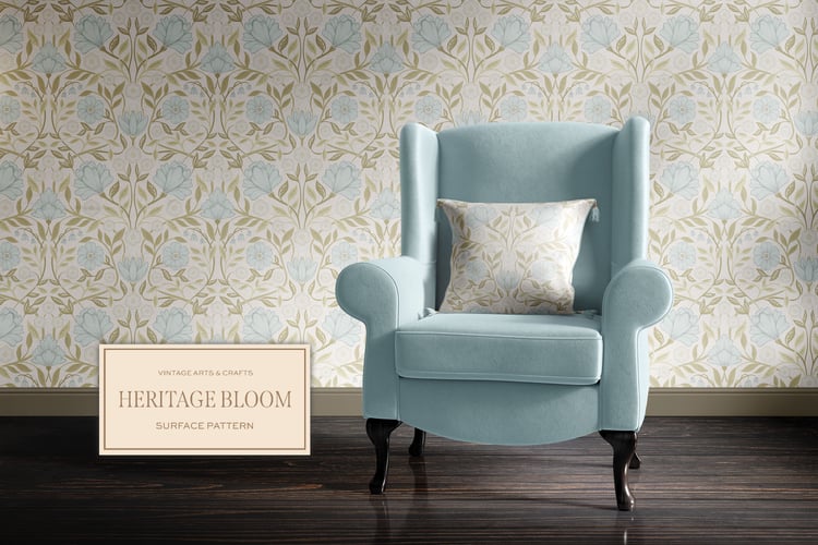 Classic and elegant surface / seamless pattern inspired by vintage Arts & Crafts / Craftsman designs. Featuring hand drawn intertwining florals and leaves in a fresh pale blue and white color palette.