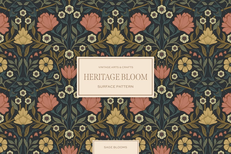 Classic and elegant surface / seamless pattern inspired by vintage Arts & Crafts / Craftsman designs. Featuring hand drawn intertwining florals and leaves in a dark muted green, mauve, and yellow color palette.