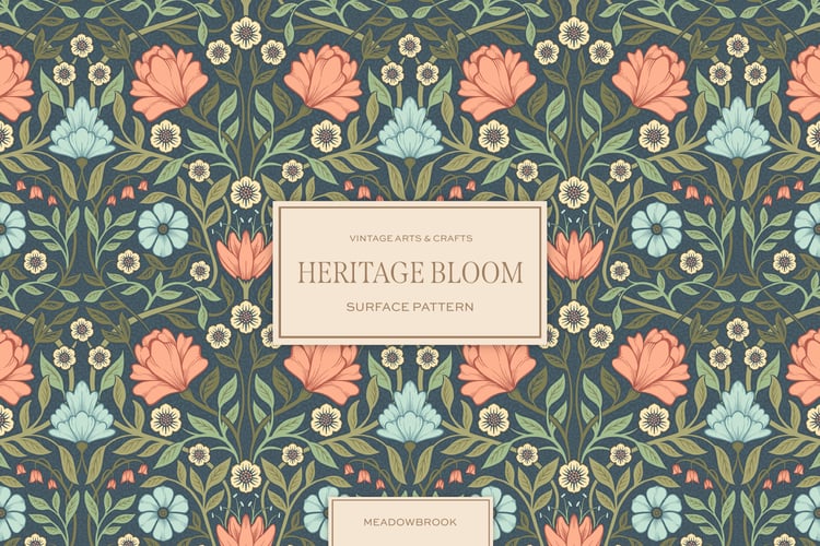 Classic and elegant surface / seamless pattern inspired by vintage Arts & Crafts / Craftsman designs. Featuring hand drawn intertwining florals and leaves in a historical blue, pink, and green color palette.