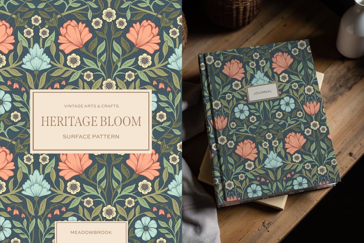 Classic and elegant surface / seamless pattern inspired by vintage Arts & Crafts / Craftsman designs. Featuring hand drawn intertwining florals and leaves in a historical blue, pink, and green color palette.