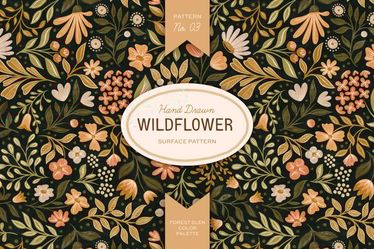 This hand drawn wildflower surface pattern in dark colors features scattered floral blooms and intricate leaves. A cream, brown, peach, green, and orange color palette