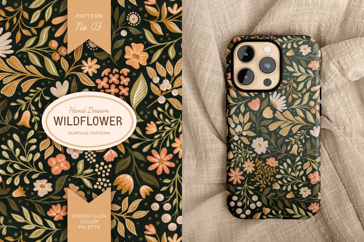 This hand drawn wildflower surface pattern in dark colors features scattered floral blooms and intricate leaves. A cream, brown, peach, green, and orange color palette