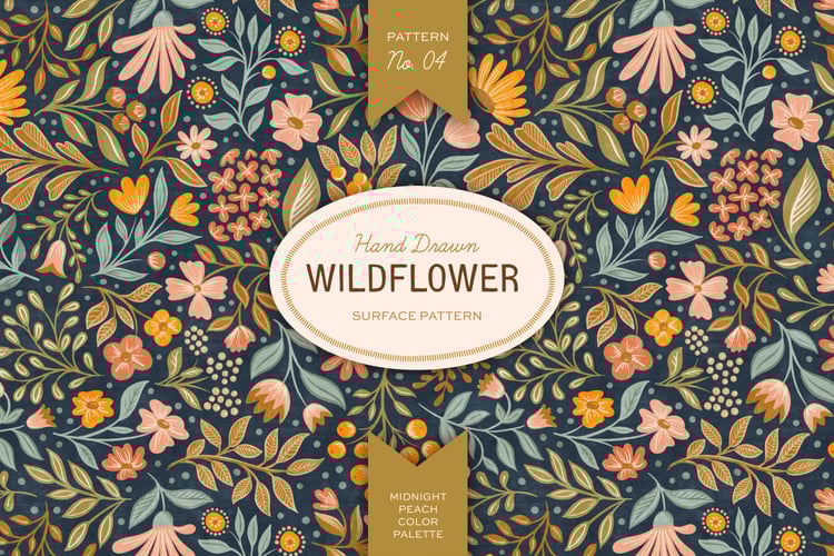 This hand drawn wildflower surface pattern in dark colors features scattered floral blooms and intricate leaves. A cream, navy blue, pink, green, and orange color palette
