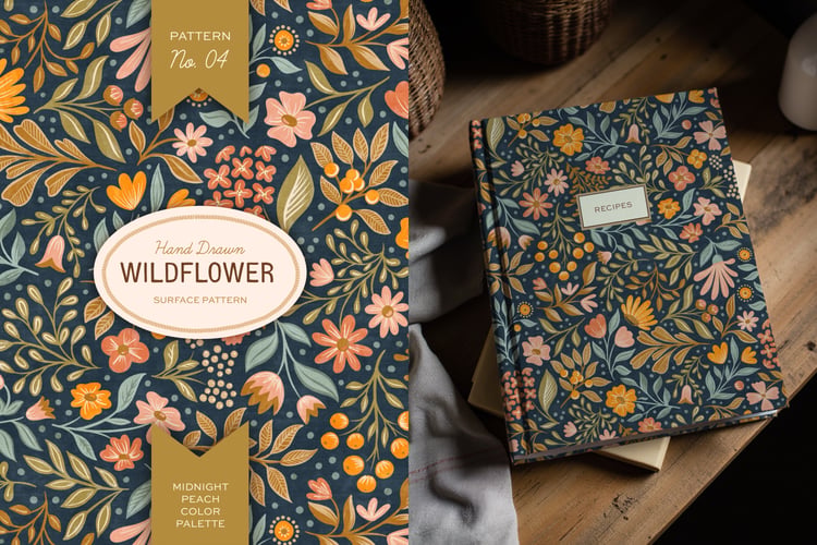 This hand drawn wildflower surface pattern in dark colors features scattered floral blooms and intricate leaves. A cream, navy blue, pink, green, and orange color palette