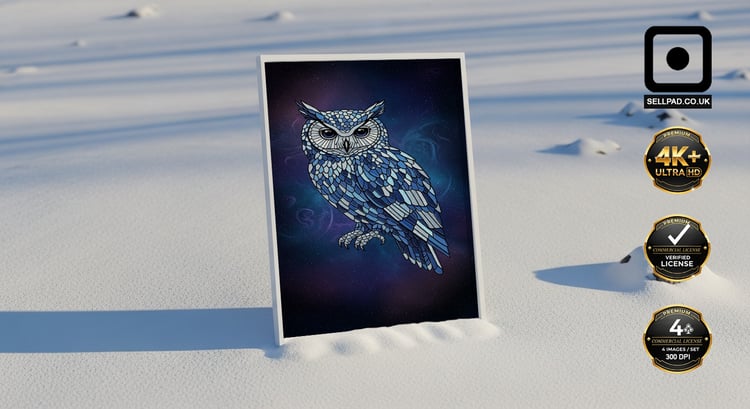 Mystic Owl Abstract Mosaic Poster in Deep Blue Shades – Interior Poster Visualization