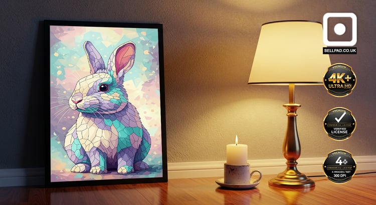 Mosaic Rabbit Abstract Dreamy Digital Art Vertical Poster – Art Print Mockup Scene