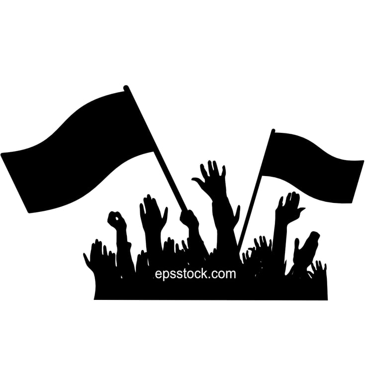 crowds with banners and flags