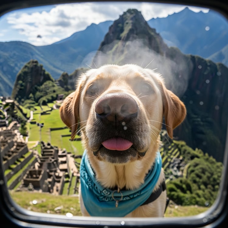 Close-up selfie of me and my exhausted dog Max on the trail to Machu Picchu. His heavy panting fogs up the camera lens as he recovers from the steep Inca staircase.