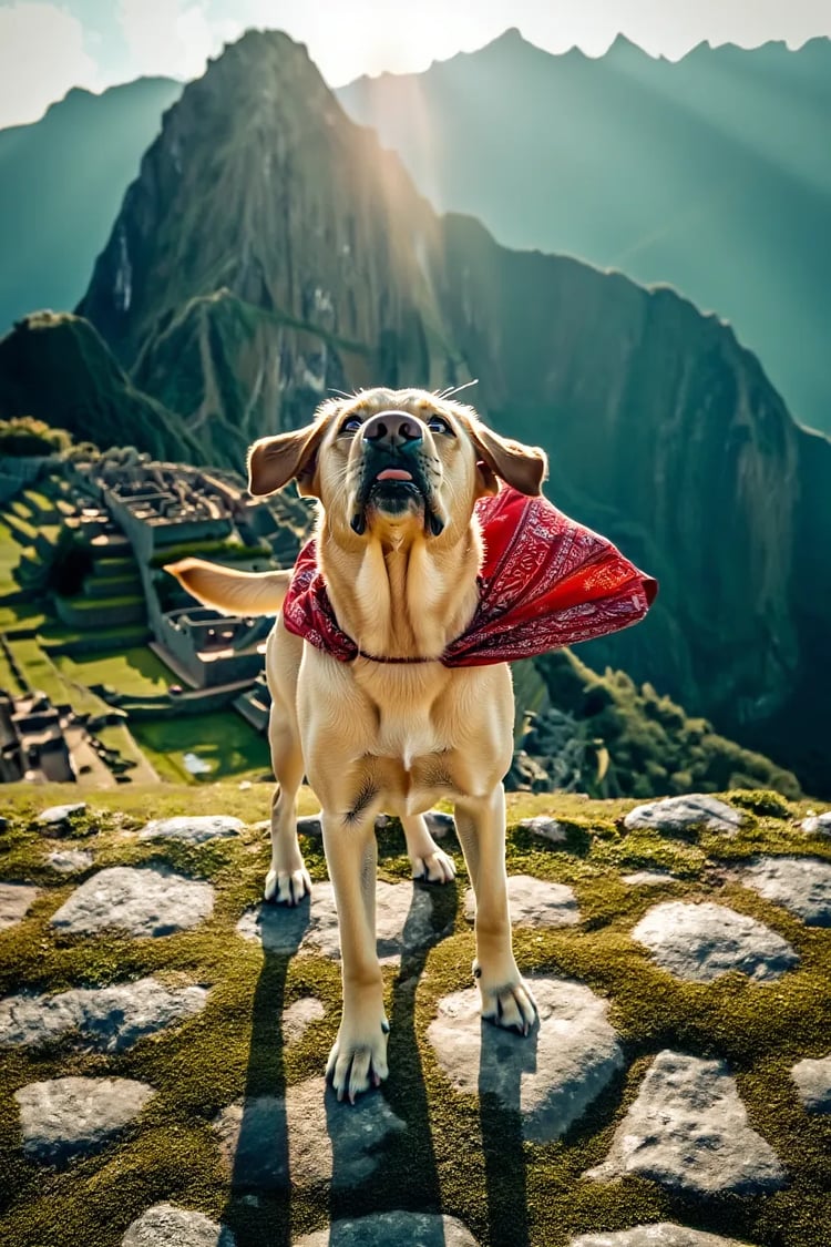 My dog Max striking a heroic pose on a rock at Machu Picchu with a stunning mountain backdrop. He looks like he just conquered the Inca Empire.