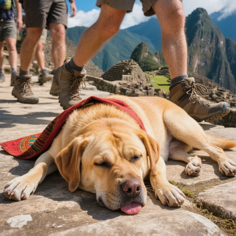 The dramatic flop: Max lying completely flat and exhausted on a stone at Machu Picchu, tongue lolling out, utterly spent after the strenuous high-altitude hike.