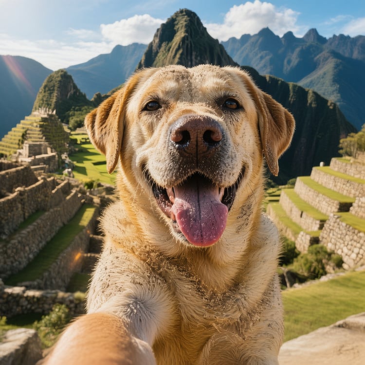 A happy final selfie of me and my tired but content dog Max with the famous Machu Picchu ruins in the background of the Peruvian Andes.