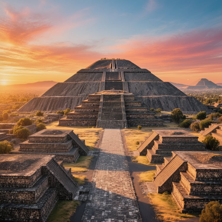 Aerial drone shot of the ancient Aztec Sun Pyramid at Teotihuacan, Mexico City during a bright sunny day.