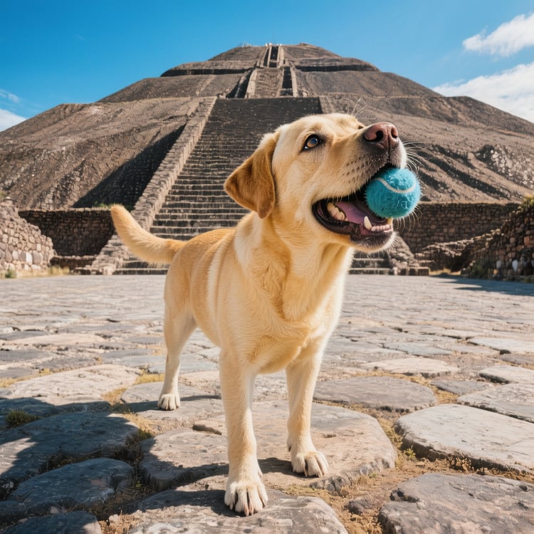 Yellow Labrador Max holding a tiny blue ball on the massive stone pavement of the Avenue of the Dead at Teotihuacan, ready to play fetch.