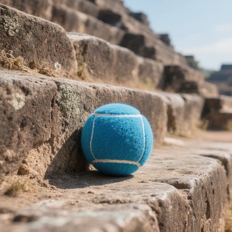 Small blue tennis ball lying motionless against a weathered, 2000-year-old stone step at the Teotihuacan archaeological site.