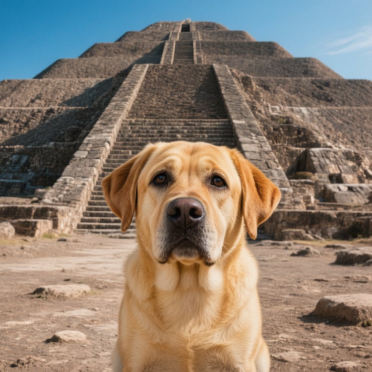 Sad yellow Labrador named Max sitting dejectedly in front of the massive Sun Pyramid at Teotihuacan with a confused "where's my ball?" expression.