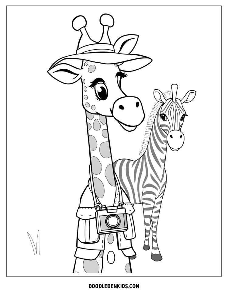 Cute safari giraffe taking photos with a camera
