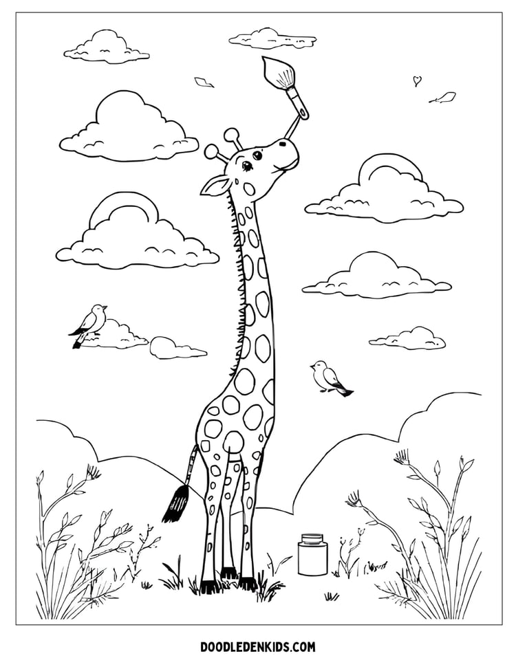 Whimsical giraffe painting the sky at sunset Coloring Page
