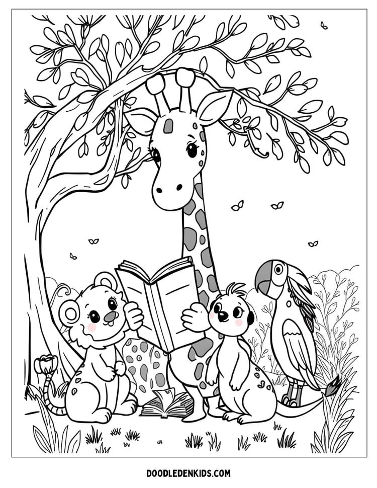 Cartoon giraffe reading a storybook to jungle animals Coloring Page