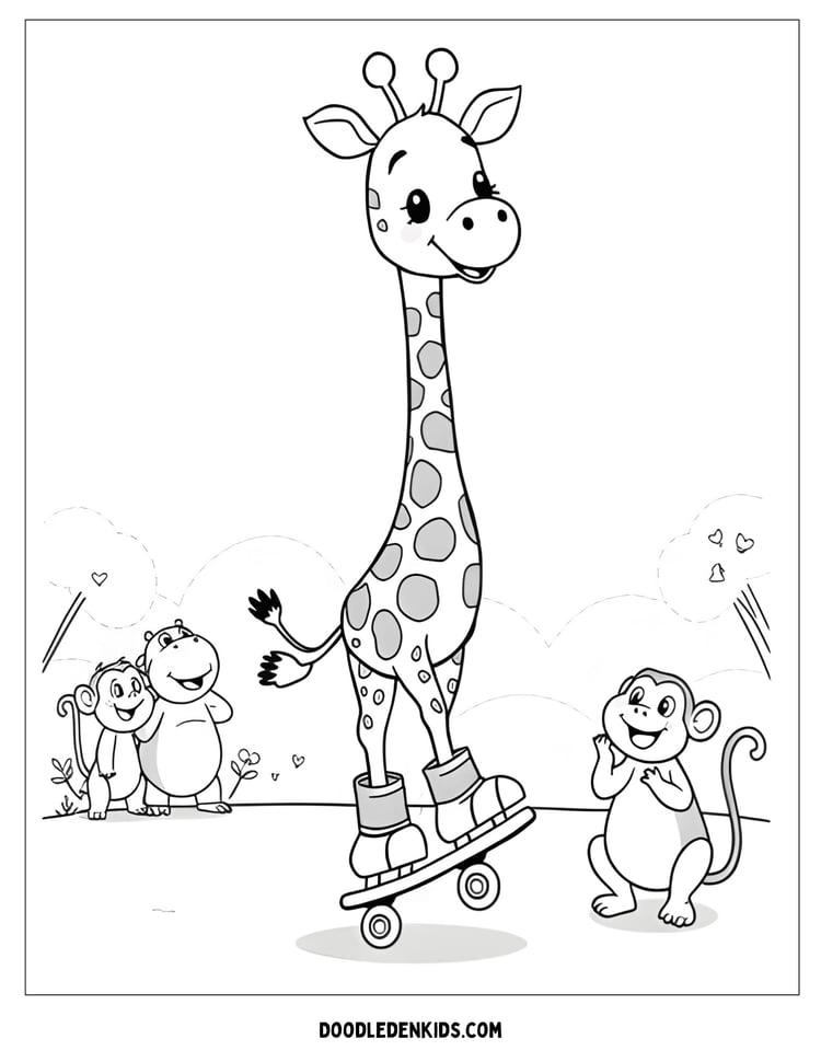 Cute baby giraffe learning to roller skate on safari Coloring Page