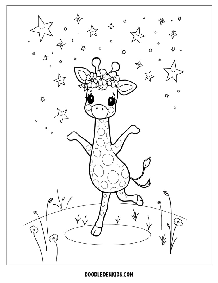 Whimsical giraffe dancing under stars with flower crown