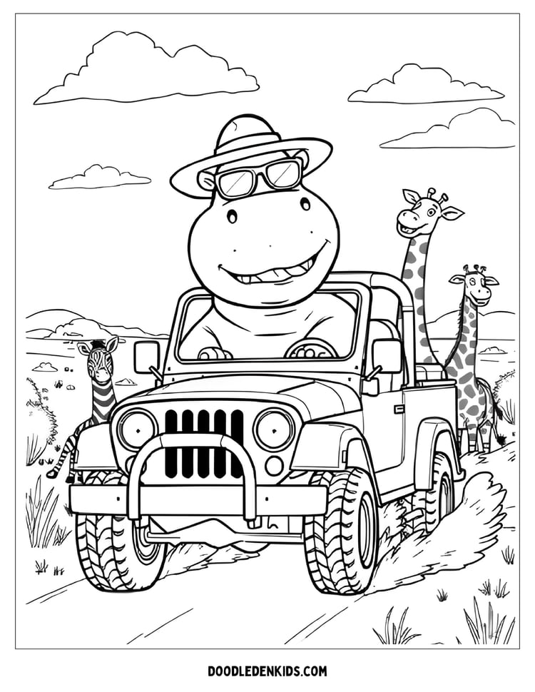 Cartoon safari hippo driving a jeep across the savanna Coloring Page!
