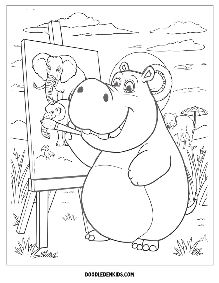 Cute hippo painting colorful safari animals under the sunset Coloring Page!