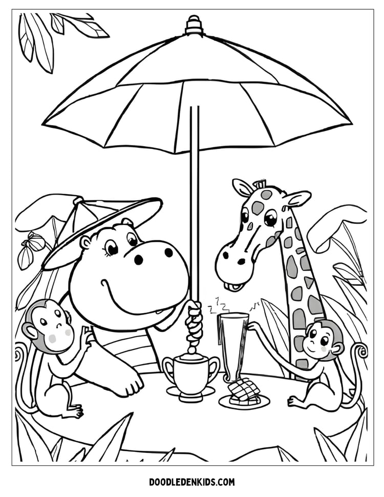 Whimsical hippo and giraffe having tea on safari Coloring Page!
