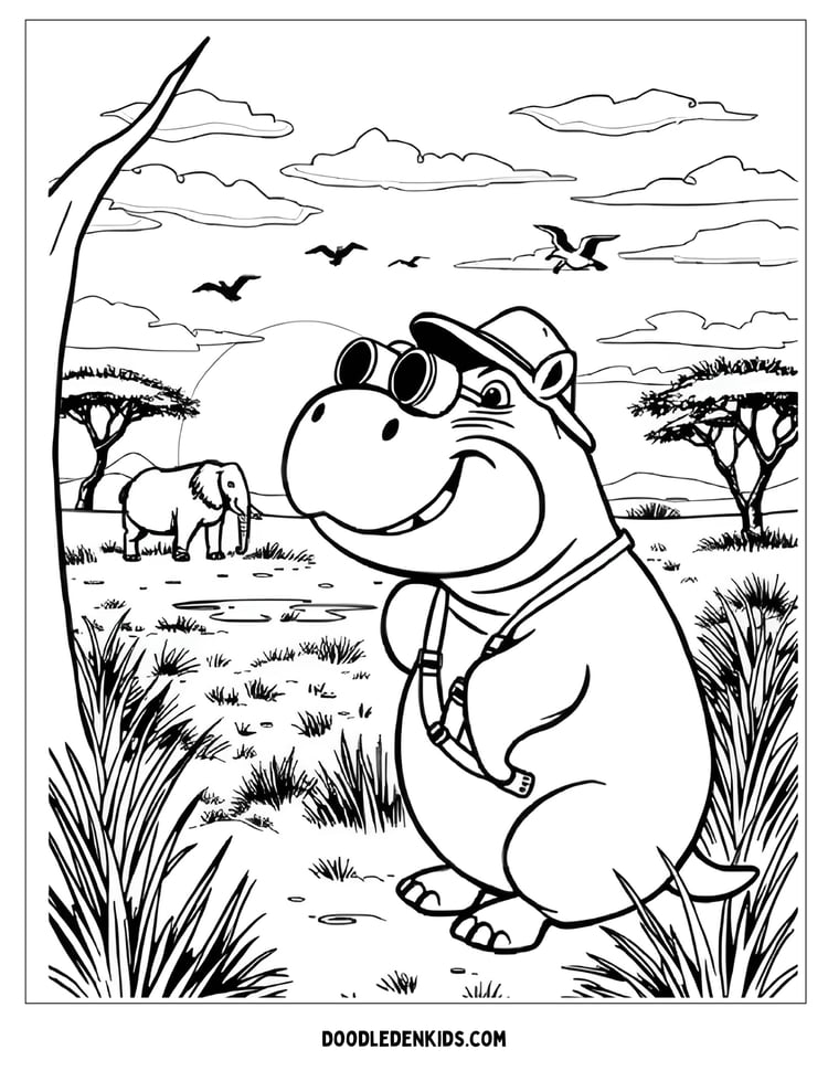 Cartoon safari hippo looking through binoculars at sunset Coloring Page