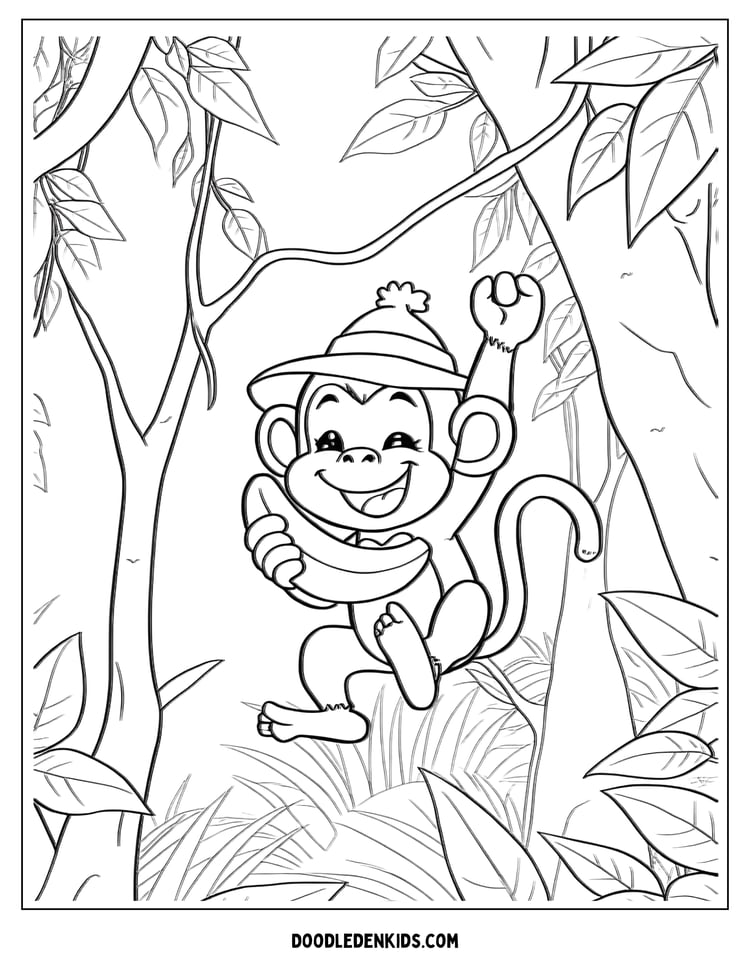 “Playful monkey swinging on jungle vines with a banana phone