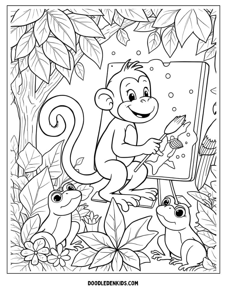 Cute monkey painting leaves with his tail in the jungle