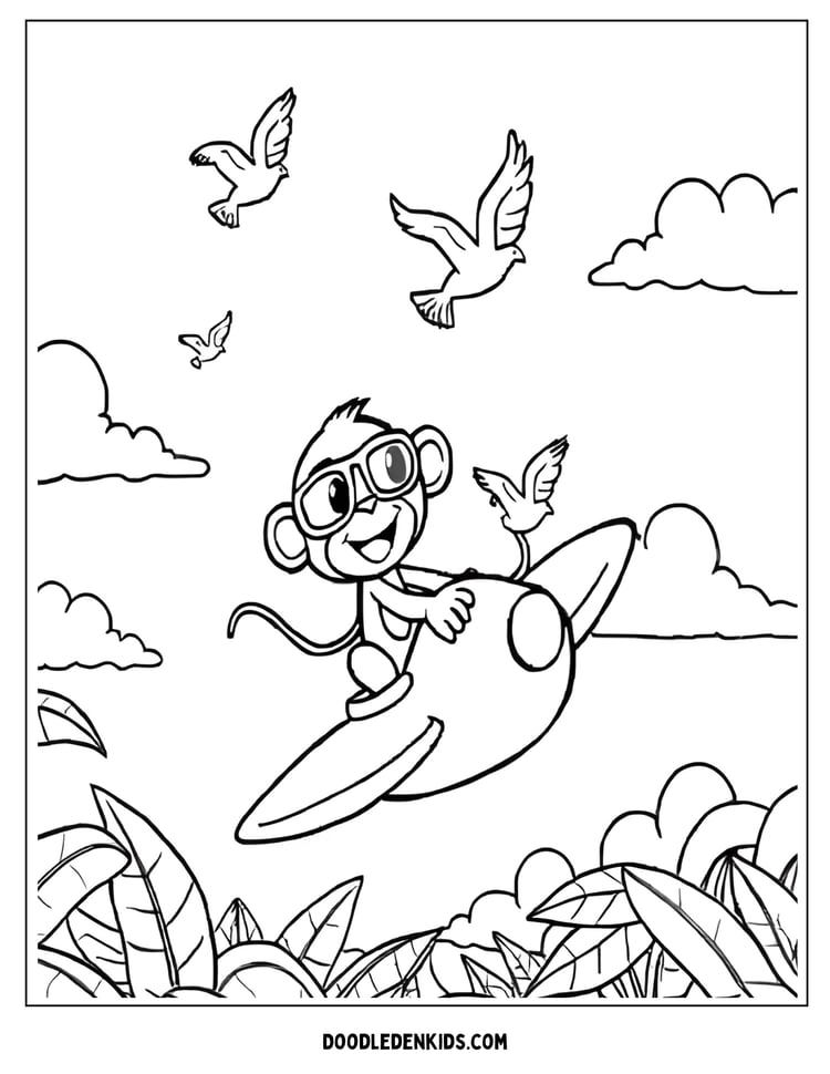 Funny monkey flying a leaf-shaped airplane over the jungle
