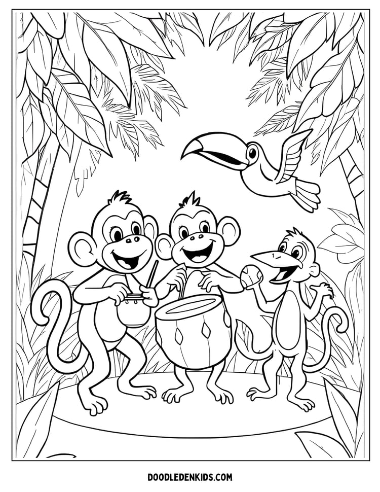 Whimsical monkey band playing jungle music with animal friends”