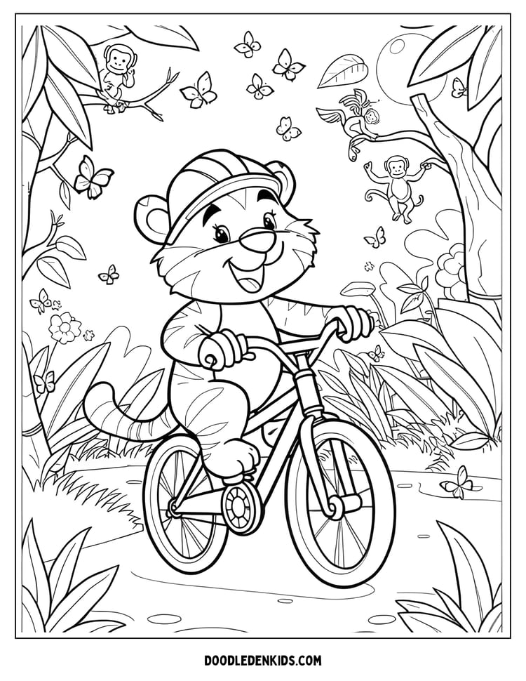 Whimsical tiger riding a bicycle through the jungle