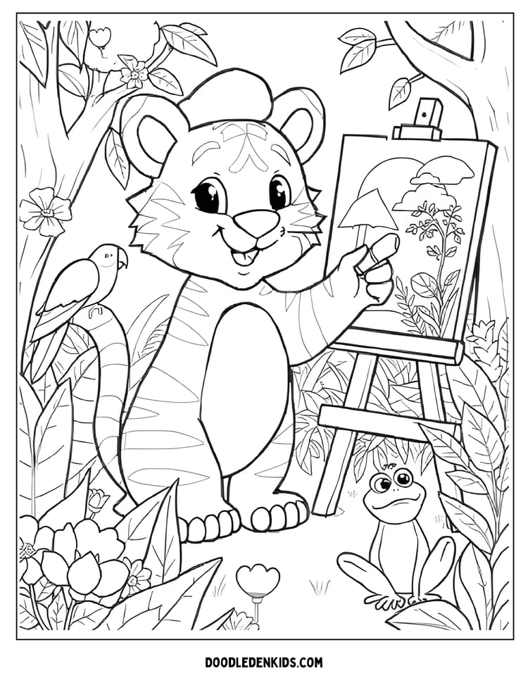 Cartoon tiger painting a colorful jungle picture”