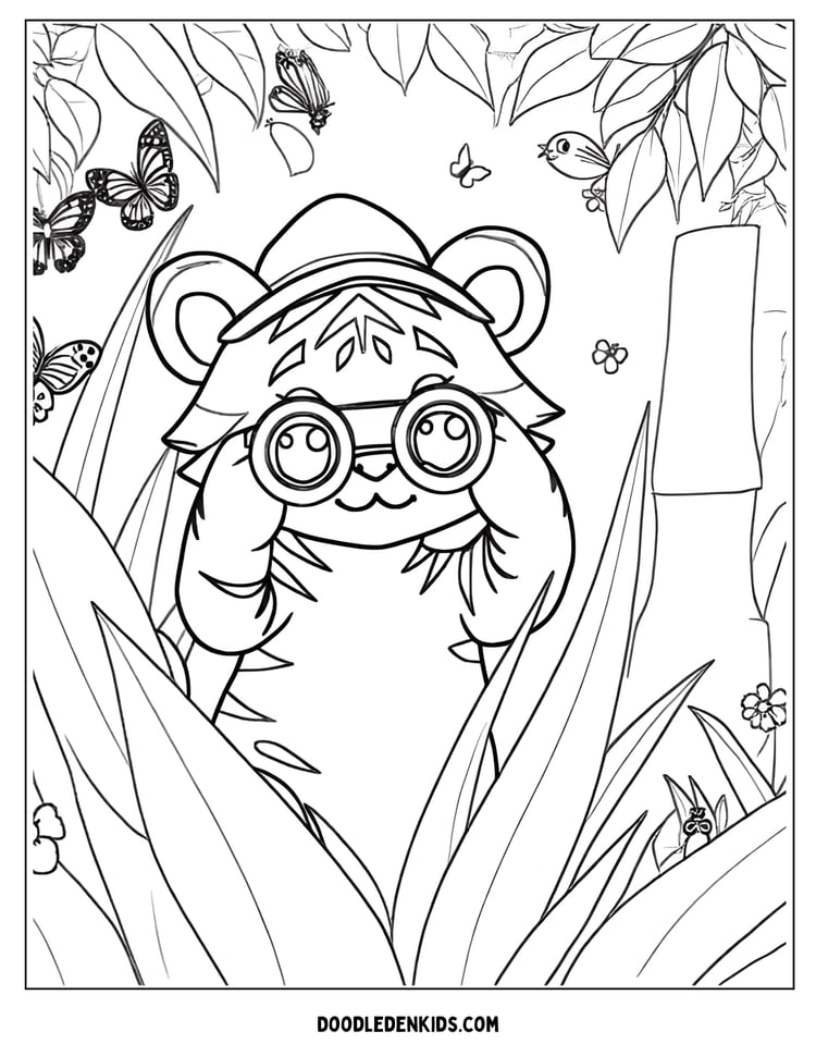Adventurous tiger exploring the jungle with binoculars