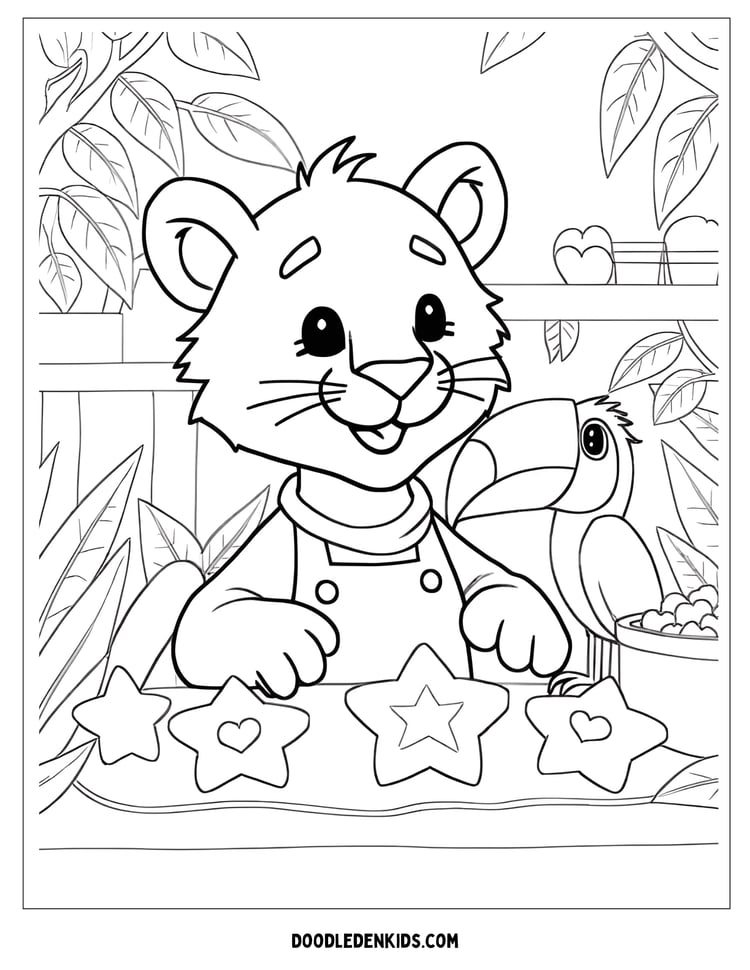 Cute tiger baking cookies in the jungle with a toucan