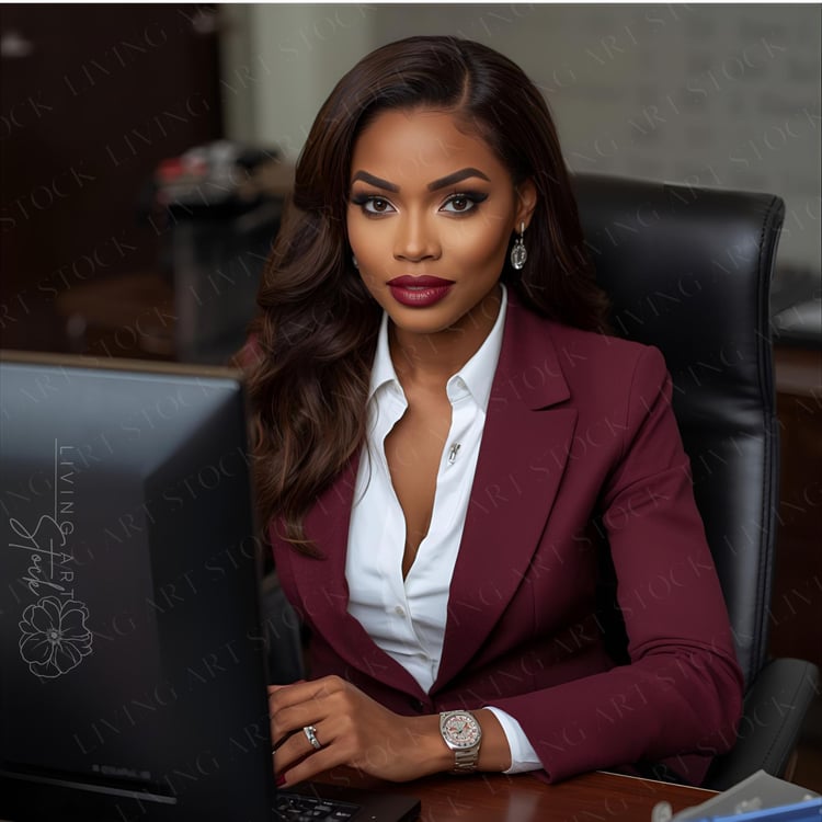 A powerful and high-fashion portrait of an attractive Black businesswoman or executive seated at a desk in a professional office. She is looking directly at the camera with a serious and confident expression. She is wearing a chic maroon or burgundy suit 