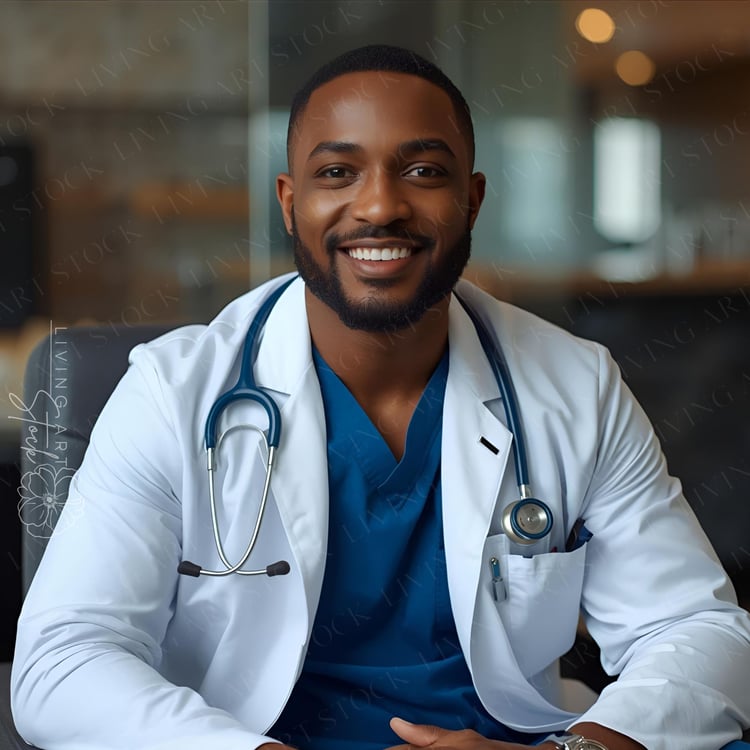 A professional and inviting portrait of a handsome Black man who is a doctor or healthcare executive. He is seated, wearing a crisp white lab coat over bright blue scrubs, with a stethoscope draped around his neck. He has a neatly trimmed beard and is loo