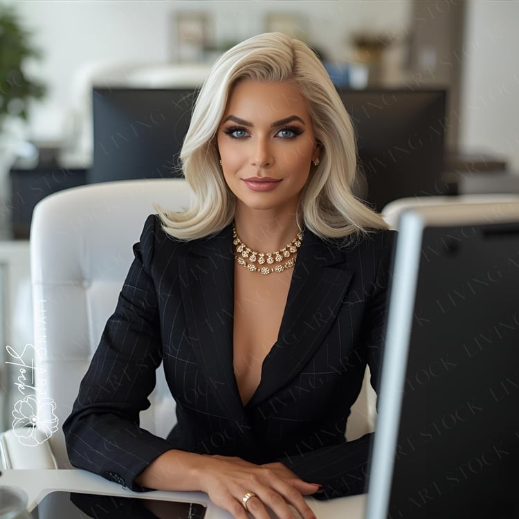 A powerful and glamorous portrait of a blonde businesswoman or executive seated at a desk in a modern office. She is looking directly at the camera with a confident and serious expression. She is wearing a chic black pinstripe suit jacket with a plunging 