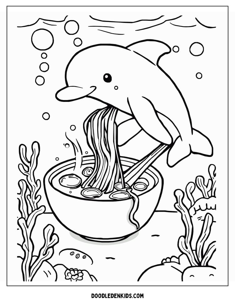 Dolphin cooking seaweed soup underwater Coloring Page