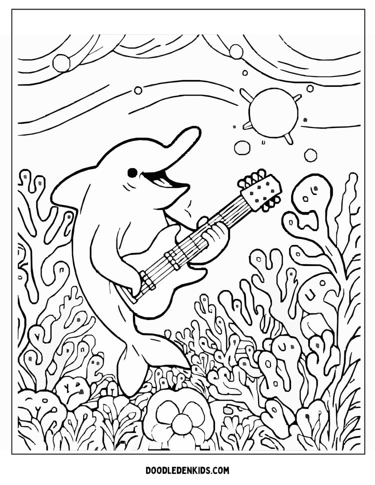 Dolphin playing guitar at coral reef concert Coloring Pages