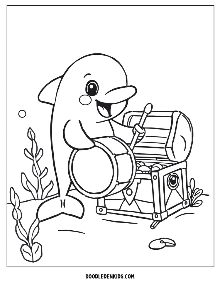 Musical Dolphin playing a drum Coloring Pages