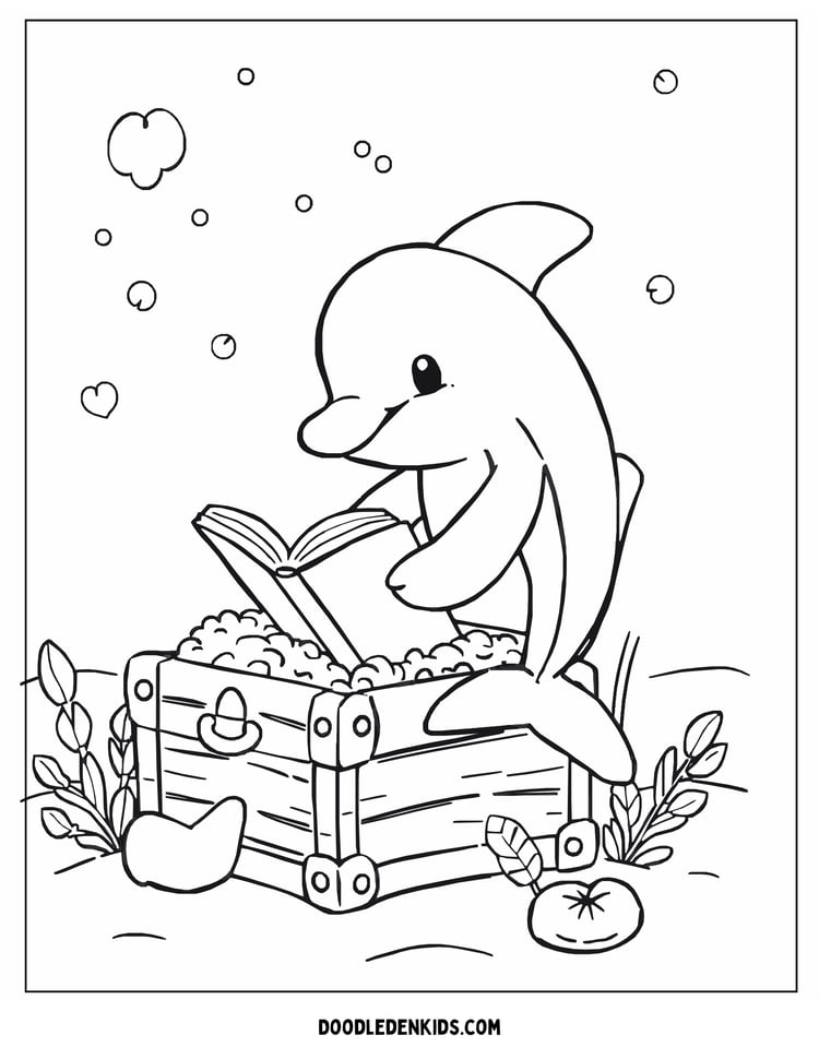 Dolphin reading a storybook on a treasure chest Coloring Pages